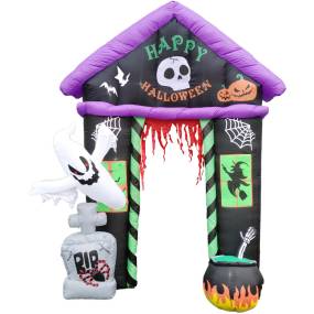 Haunted Hill Farm 9-Ft. Inflatable Pre-Lit Arch with Ghost, Witch, and Tombstone - Almo HIHLWNARCH091-L