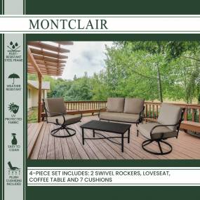 Montclair 4-Piece Patio Conversation Set with 2 Swivel Rockers, Loveseat and Coffee Table in Tan - Hanover MCLR4PC-TAN