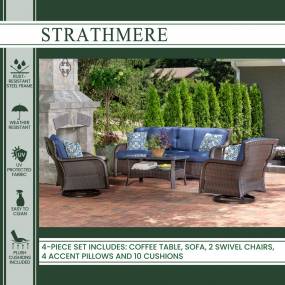 Strathmere 4-Piece Lounge Set with Sofa, 2 Swivel Gliders, and Woven Coffee Table, Navy Blue - Hanover STRATH4PCSW-S-NVY