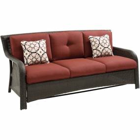 Strathmere 4-Piece Lounge Set with Sofa, 2 Swivel Gliders, and Woven Coffee Table, Crimson Red - Hanover STRATH4PCSW-S-RED