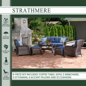Strathmere 6-Piece Lounge Set with Sofa, 2 Side Chairs, 2 Ottomans, and Woven Coffee Table, Navy Blue - Hanover STRATH6PC-S-NVY