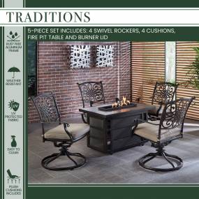 Traditions 5-Piece Seating Set in Tan with a 30,000 BTU Fire Pit Table and 4 Swivel Rockers - Hanover TRAD5PCRECSW4FP-TAN
