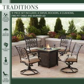 Traditions 5-Piece Fire Pit Chat Set in Natural Oat with 4 Swivel Rockers and a 26-In. Square Fire Pit Table - Hanover TRAD5PCSWFPSQ-TAN