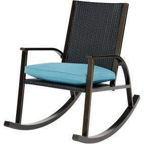 Traditions 3-Piece Chat Set in Blue with 2 Aluminum Wicker Back Cushioned Rocking Chairs and 18-in. Side Table - Hanover TRADWB3PCRKR-BLU