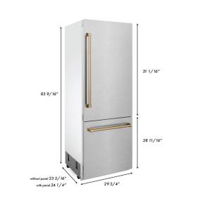 ZLINE 30" Autograph Edition 16.1 cu. ft. Built-in 2-Door Bottom Freezer Refrigerator with Internal Water and Ice Dispenser in Fingerprint Resistant Stainless Steel with Champagne Bronze Accents - Zline Kitchen and Bath RBIVZ-SN-30-CB