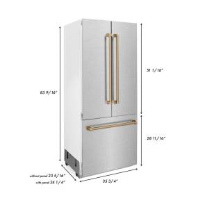 ZLINE 36" Autograph Edition 19.6 cu. ft. Built-in 3-Door French Door Refrigerator with Internal Water and Ice Dispenser in Fingerprint Resistant Stainless Steel with Champagne Bronze Accents - Zline Kitchen and Bath RBIVZ-SN-36-CB