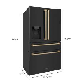 ZLINE 36" Autograph Edition 21.6 Cubic Feet Freestanding French Door Refrigerator with Water and Ice Dispenser in Fingerprint Resistant Black Stainless Steel with Champagne Bronze Handles - ZLINE Kitchen and Bath RFMZ-W-36-BS-CB