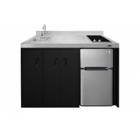 54" wide all-in-one kitchenette with 2-burner 115V smooth-top cooktop, refrigerator-freezer, sink on left side, and storage cabinet - Summit Appliance CK54SINKL