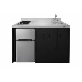 54" wide all-in-one kitchenette with 2-burner 115V smooth-top cooktop, refrigerator-freezer, sink on right side, and storage cabinet - Summit Appliance CK54SINKR