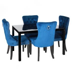 Better Home Products Lisa Glass Dining Table Set for 4 with Blue Velvet Chairs - Better Home Products LISA-SET-BLKFRAME-BLU