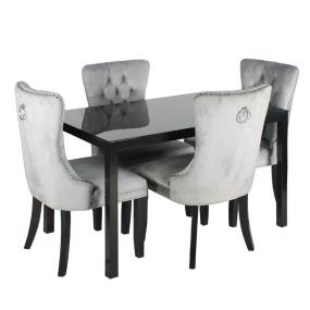 Better Home Products Lisa Glass Dining Table Set for 4 with Gray Velvet Chairs - Better Home Products LISA-SET-BLKFRAME-GRY