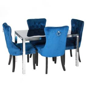 Better Home Products Lisa Chrome Dining Table Set for 4 with Blue Velvet Chairs - Better Home Products LISA-SET-CHROME-BLU