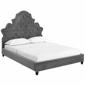 Valentina Queen Tufted Nailhead Performance Velvet Platform Bed in Gray - East End Imports MOD-5808-GRY