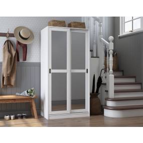 100% Solid Wood 2-Sliding Door Wardrobe with Mirrored Doors, White - Palace Imports 5661M