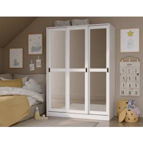 100% Solid Wood 3-Sliding Door Wardrobe with Mirrored Doors, White - Palace Imports 5671M