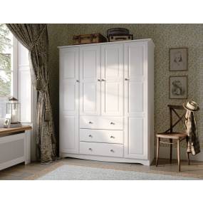 100% Solid Wood Family Wardrobe in White with Metal Knobs. No Shelves Included - Palace Imports 5961K
