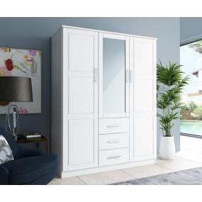 100% Solid Wood Cosmo Wardrobe with Mirrored Door, White - Palace Imports 7111