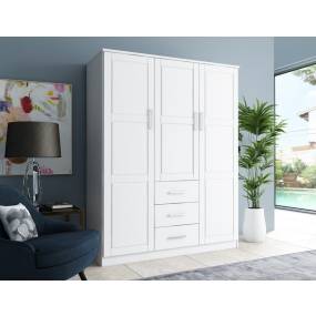 100% Solid Wood Cosmo 3-Door Wardrobe with Raised Panel Doors, White - Palace Imports 7111D