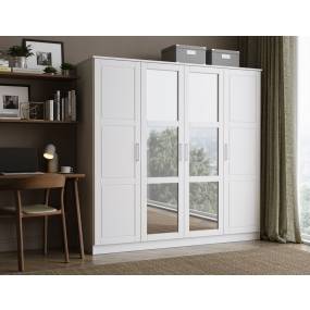 100% Solid Wood Cosmo 4-Door Wardrobe with Mirrored Doors, White. No Shelves Included - Palace Imports 7301M