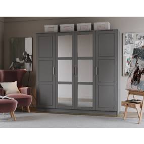 100% Solid Wood Cosmo 4-Door Wardrobe with Mirrored Doors, Gray. No Shelves Included - Palace Imports 7305M