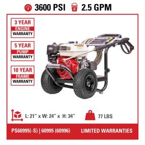 PowerShot PS60995(-S) 50-State 3600 PSI at 2.5 GPM HONDA® GX200 with AAA™ Triplex Pump Cold Water Professional Gas Pressure Washer - FNA Group 60995