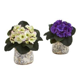 8in. African Violet Artificial Plant in Floral Design Vase (Set of 2) - Nearly Natural 8863-S2