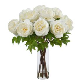 22in. Artificial Peony Arrangement with Cylinder Glass Vase - Nearly Natural A1806-WH