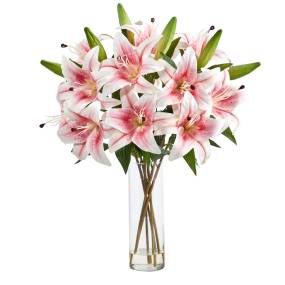 25in. Artificial Lily Arrangement with Cylinder Glass Vase - Nearly Natural A1878-PK