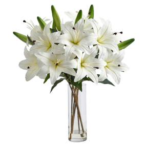 25in. Artificial Lily Arrangement with Cylinder Glass Vase - Nearly Natural A1878-WH