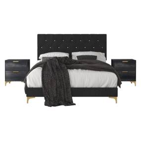 Talia Full Upholstered Crystal Diamond Tufted Panel Bed in Black With 2 Nightstands - CasePiece USA  C80093-321