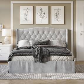 Glam Velvet Crystal Button Tufted Upholstered Platform Bed, Queen in Silver Grey - CasePiece USA C8360QPL-SGY-VV