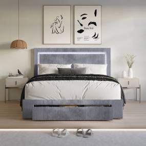 Velvet Tufted LED Platform Storage Bed, Full in Grey - CasePiece USA C8361FPLS-GY-VV