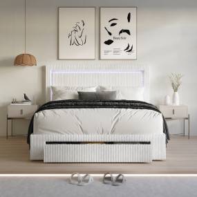 Velvet Tufted LED Platform Storage Bed, King in White - CasePiece USA C8361KPLS-WT-VV