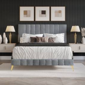 Modern Velvet Tufted Upholstered Gold Accent Platform Bed, Full in Light Grey - CasePiece USA C8369FPL-LGY-VV