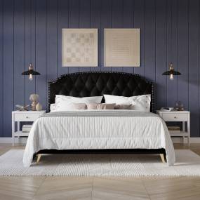Velvet Button Tufted Upholstered Gold Accent Platform Bed, Twin in Black - CasePiece USA C8370TPL-BK-VV