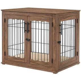 Large Wire Dog Crate with Cushion, Walnut - Unipaws - EV1012