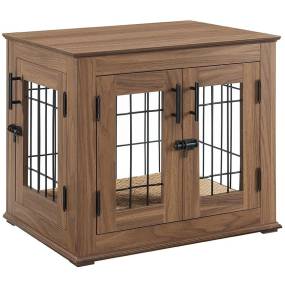 Small Wire Dog Crate with Cushion, Walnut - Unipaws - EV1024