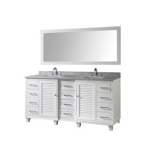 Ultimate Shutter 72 In. Vanity In White With Carrara White Marble Vanity Top with white basins and Mirror - JJ-72BD16-WWC-M