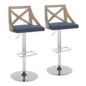Charlotte Farmhouse Adjustable Height Barstool with Swivel in Chrome Metal, White Washed Wood, Blue Fabric and Rounded Rectangle Footrest - Set of 2 - Lumisource BS-CHARLOT-RNR2 CHRWWBU2