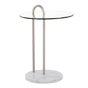 Claire Contemporary Side Table in White Marble and Brushed Nickel with Clear Glass Top by LumiSource - Lumisource TB-CLAIRE WMBNI