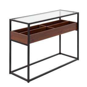 Display Contemporary Console Table in Black Metal, Walnut Wood, and Clear Glass by LumiSource - Lumisource TBC-DISPLAY BKWL