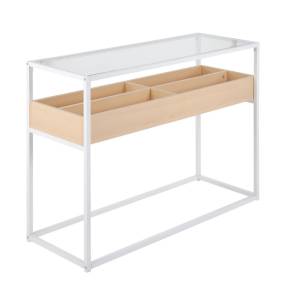 Display Contemporary Console Table in White Metal, Natural Wood, and Clear Glass by LumiSource - Lumisource TBC-DISPLAY WNA