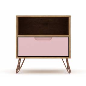 Rockefeller 1.0 Mid Century- Modern Nightstand with 1-Drawer in Nature and Rose Pink - Manhattan Comfort 101GMC6