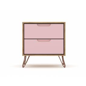 Rockefeller 2.0 Mid Century- Modern Nightstand with 2-Drawer in Nature and Rose Pink - Manhattan Comfort 102GMC6