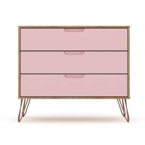 Rockefeller Mid Century- Modern Dresser with 3- Drawers in Nature and Rose Pink - Manhattan Comfort 103GMC6