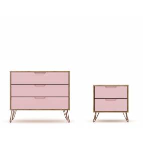 Rockefeller Mic Century- Modern Dresser and Nightstand with Drawers- Set of 2 in Nature and Rose Pink - Manhattan Comfort 104GMC6