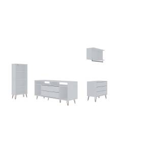 Rockefeller 4-Piece TV Stand Living Room Set with Floating Décor Shelf, Dresser and Bookcase in White - Manhattan Comfort 65-152GMC1