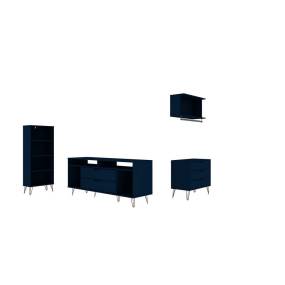 Rockefeller 4-Piece TV Stand Living Room Set with Floating Décor Shelf, Dresser and Bookcase in Tatiana Midnight Blue - Manhattan Comfort 65-152GMC4
