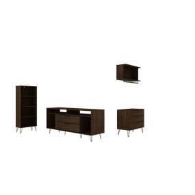 Rockefeller 4-Piece TV Stand Living Room Set with Floating Décor Shelf, Dresser and Bookcase in Brown - Manhattan Comfort 65-152GMC5