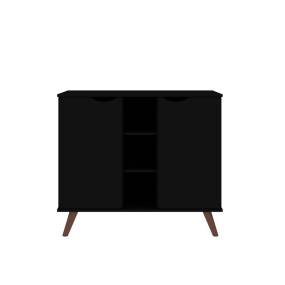 Hampton 39.37 Buffet Stand Cabinet with 7 Shelves and Solid Wood Legs in Black - Manhattan Comfort 65-16PMC70